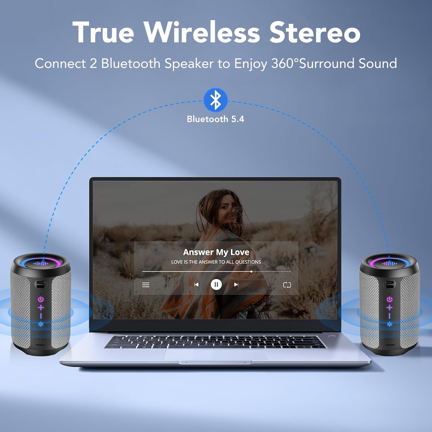 Portable Bluetooth Speaker with Lights, Bluetooth 5.4 Speaker, Powerful Crystal Clear Sound,All Day Playtime,15W Loud Stereo Sound,IPX7 Waterproof,TWS pairing for Outdoor/Home/Party/Travel(Gray)