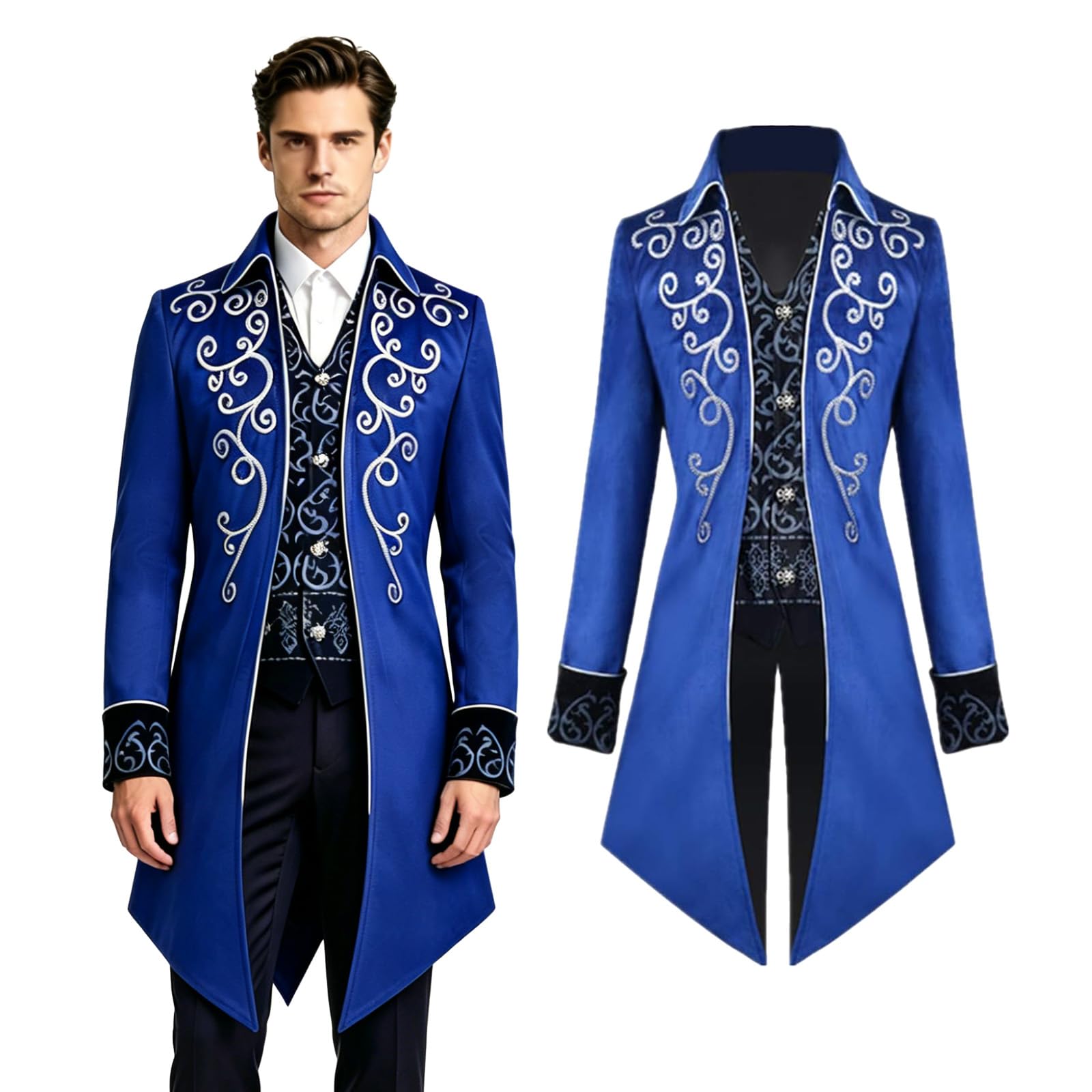 Crubelon Men's Steampunk Tailcoat – Vintage Victorian Gothic Coat with Embroidery – Elegant Medieval Vampire & Pirate Cosplay Costume for Halloween, Carnival, and Parties(Blue, XXXL)