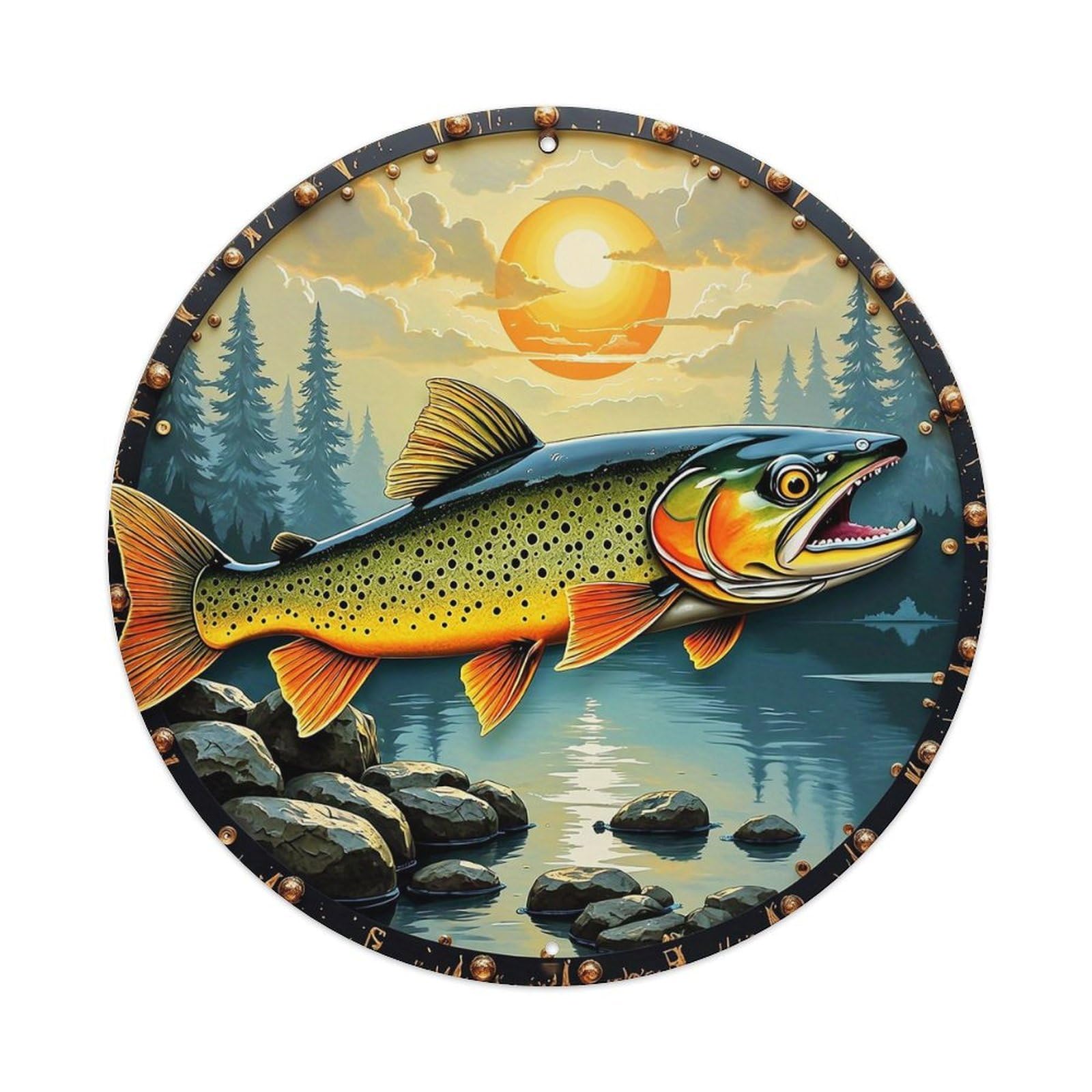 Trout Jumping In River Scene Tin Sign Metal Poster Vintage Metal Signs for Home Man Cave Bar Cafe Kitchen laundry room Wall Decorations 8x8 inches