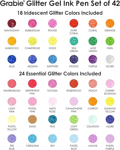 Miniatura 4 de Grabie Juego de 42 bolígrafos de gel con purpurina con tapa, 18 bolígrafos iridiscentes y 24 bolígrafos de colores esenciales, punta redonda suave,