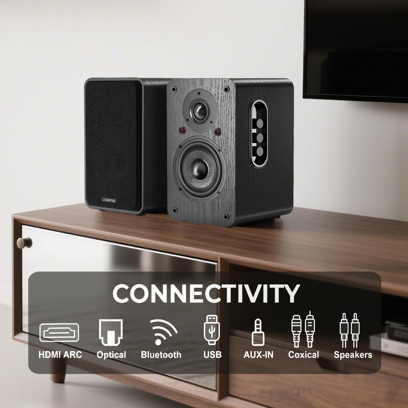 LONPOO Aktiv Regal-Lautsprecher Paar,100W RMS Aktivlautsprecher mit 4-Zoll Kohlefaser-Tieftöner, Bluetooth 5.3, HDMI ARC, Optisch, Koaxial, USB, AUX-IN, Fernbedienung (LP42X-Schwarz)
