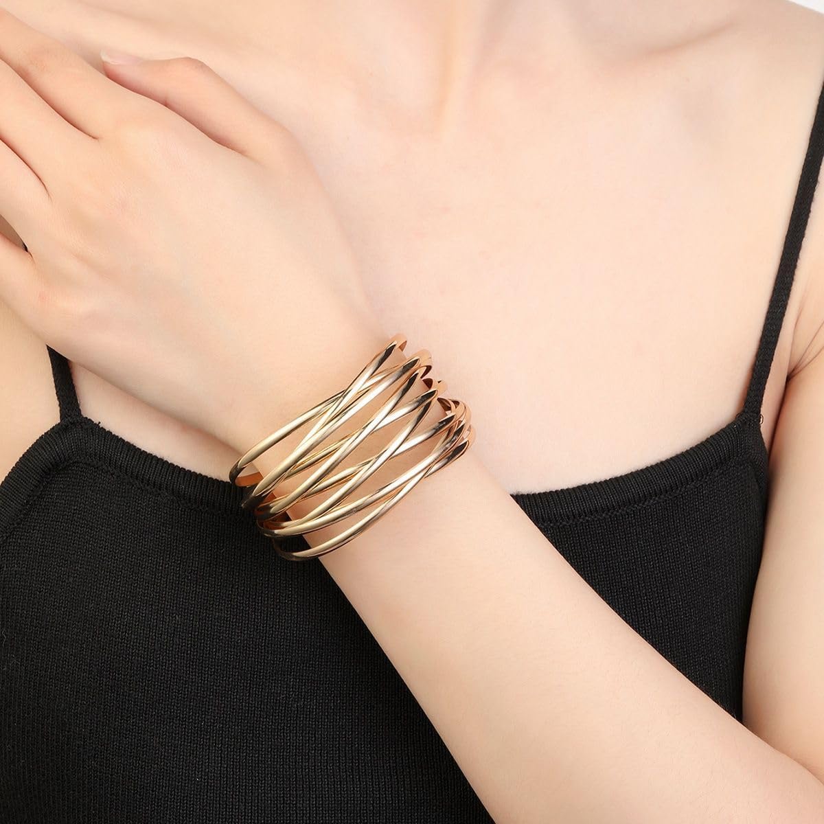 Twisted Cuff Bangle Bracelet for Women Trendy Multi-layer Wire Warp Bangle Bracelet Wide Open Chunky Cuff Bracelet, Gold & Rose Gold & Silver & Black & Copper
