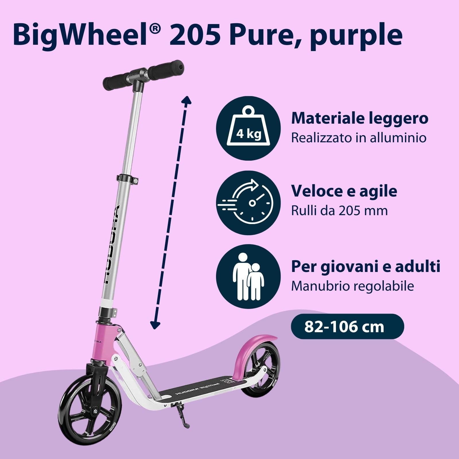 HUDORA BigWheel 205 Pure Scooter, Monopattino per bambini e adulti, Scooter a partire dai 6 anni, City Roller fino a 100 kg, Pieghevole e regolabile in altezza
