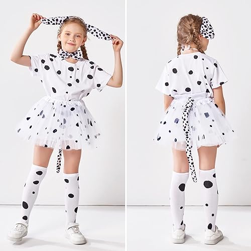 Miniatura 6 de SOMSOC Juego de 6 piezas de disfraz de perro dálmata de Halloween para niñas, camiseta, diadema, cola, corbatín, calcetines, falda tutú para