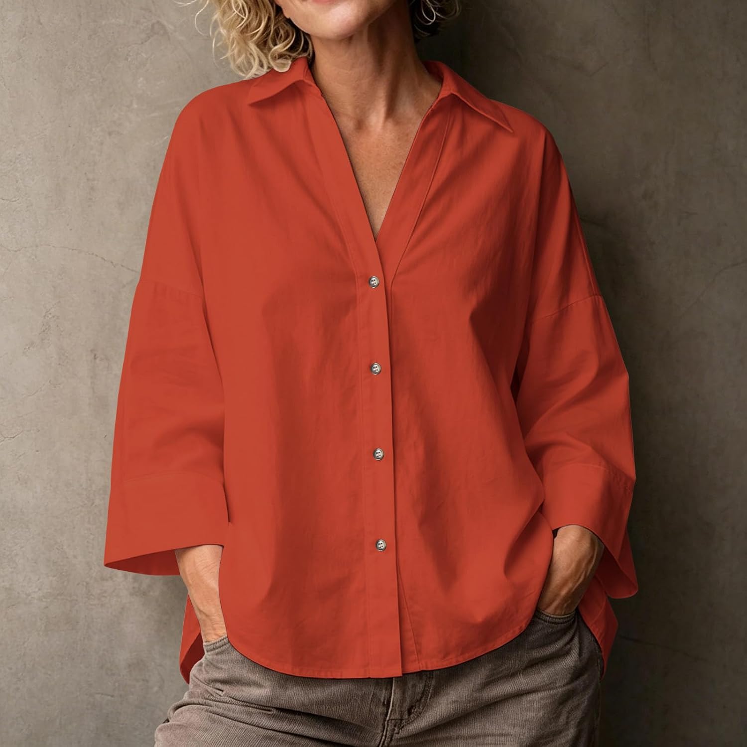 Striped Print Button Down Collared Shirts for Women Loose Blouses | Casual Three Quarter Length Sleeve Loose Fit Tunic Tops Comfy Soft Lightweight Business Work Outfits