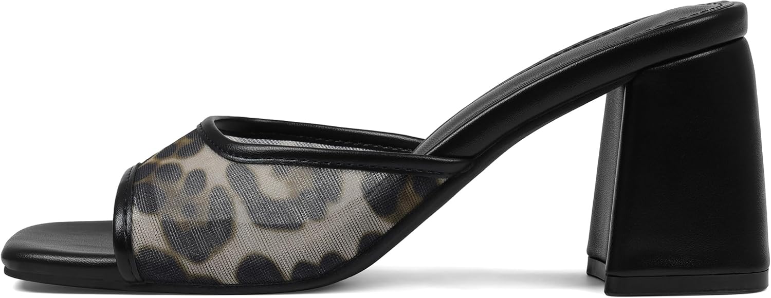 Mattiventon Heeled Sandals for Women Slide Sandals Square Open Toe Mules Chunky Heels Slip On Summer Dress Shoes