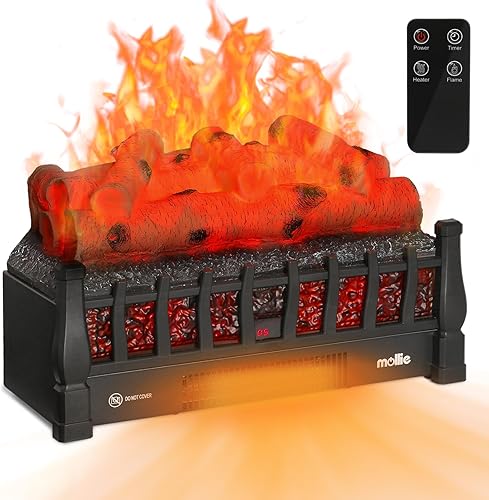 mollie Chimenea eléctrica de troncos de 20 pulgadas con brillo ajustable, efecto de llama realista y temperatura, calentador de troncos eléctrico de