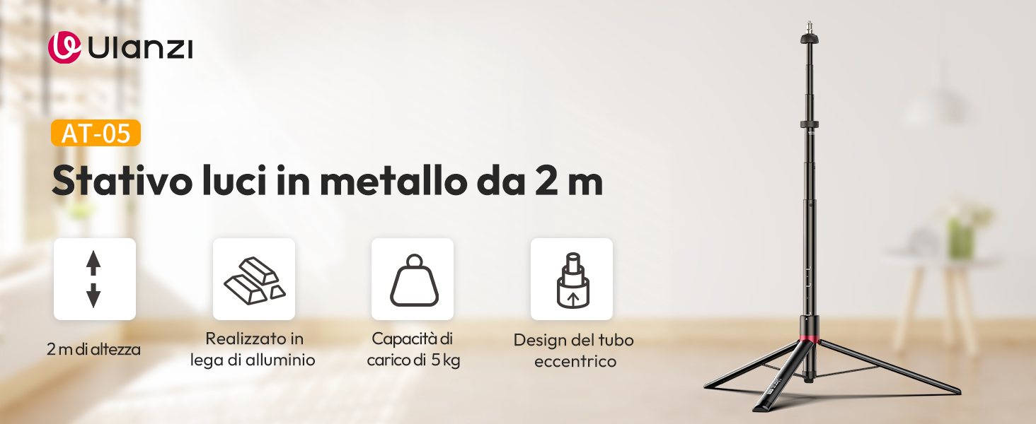ULANZI AT-05 houder voor fotoverlichting, 2 m, draagbaar en verstelbaar, excentrisch ontwerp voor camera's en videolampen, draagvermogen van 5 kg, statief en statief Tumi 5 kg
