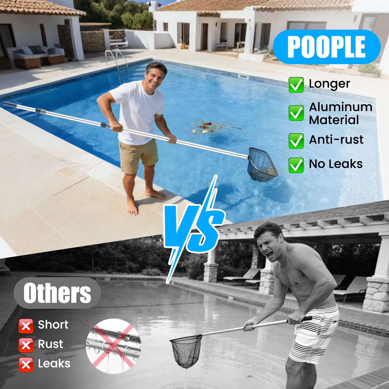 Bâton télescopique professionnel de 3,7 m en aluminium pour piscine – Attachez des filets d'écumoire, des râteaux, des brosses/2
