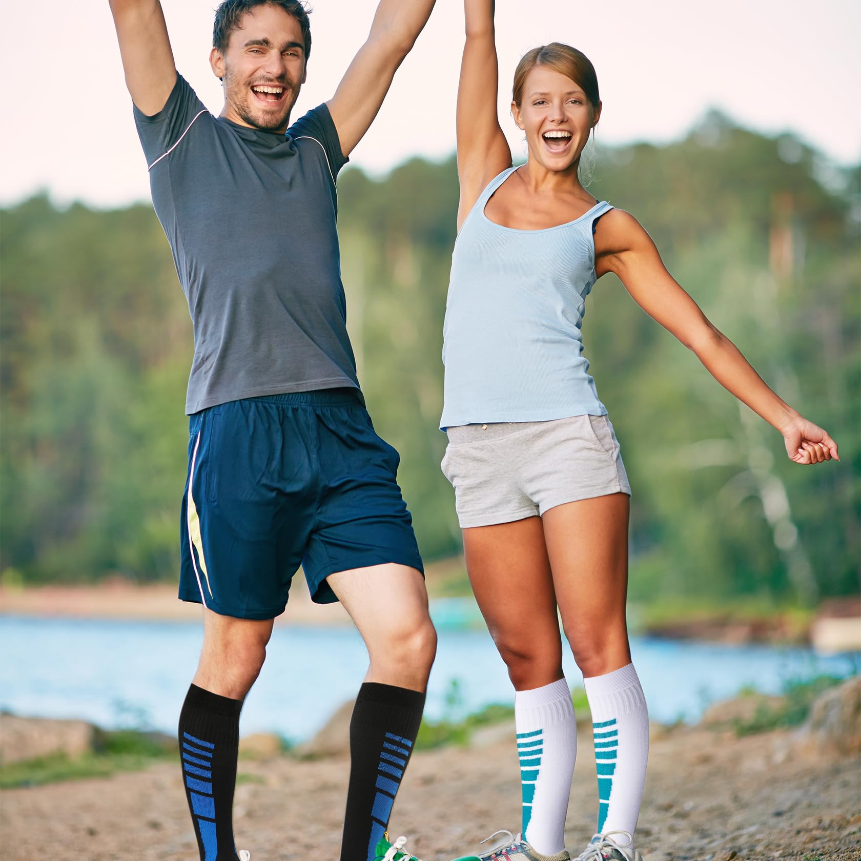 1 par de Calcetines de Compresión para Hombres y Mujeres, Medias de Compresión Graduada Hasta la Rodilla para Viajes en Avión, para Correr, Ciclismo y Esquí, L/XL, Negro y Azul