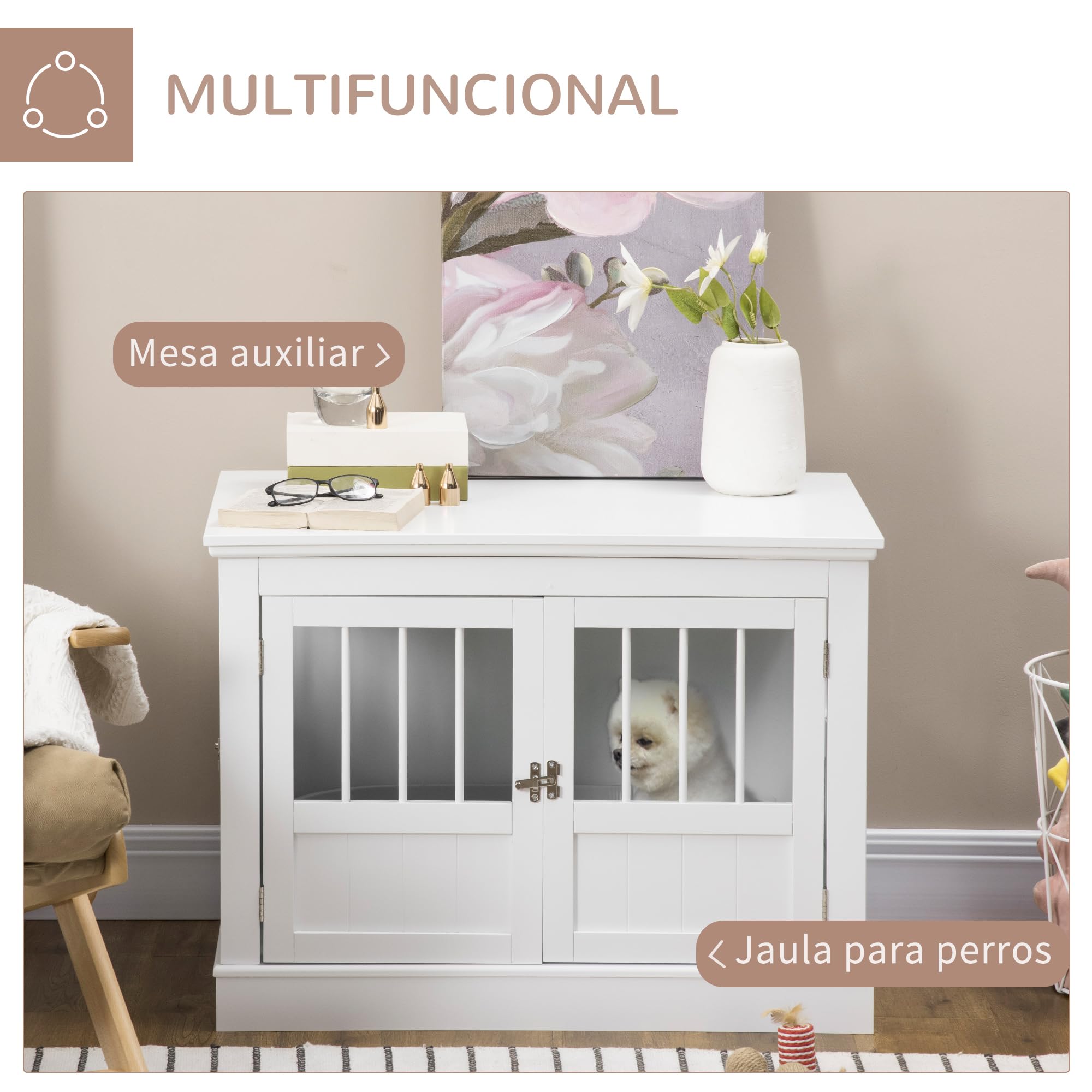 PawHut Jaula para Perros, Mesa Auxiliar, Casa para Mascotas Moderna con 3 Puertas Francés con Cierre Magnético, para Perros Pequeños, 78x53x59,3 cm, Blanco