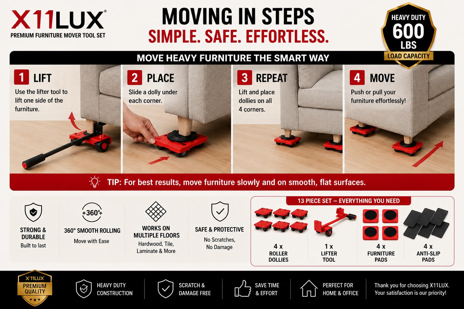 Photo 1 of X11LUX - Furniture Moving & Lifting Tool Set, 360° Swivel Wheels, Lifter for Bed, Sofa, Cabinet, Washing Machine Appliances, Easy Moving Small Tool, Must Have for Home, Best for Hard Floor- 13 Pieces