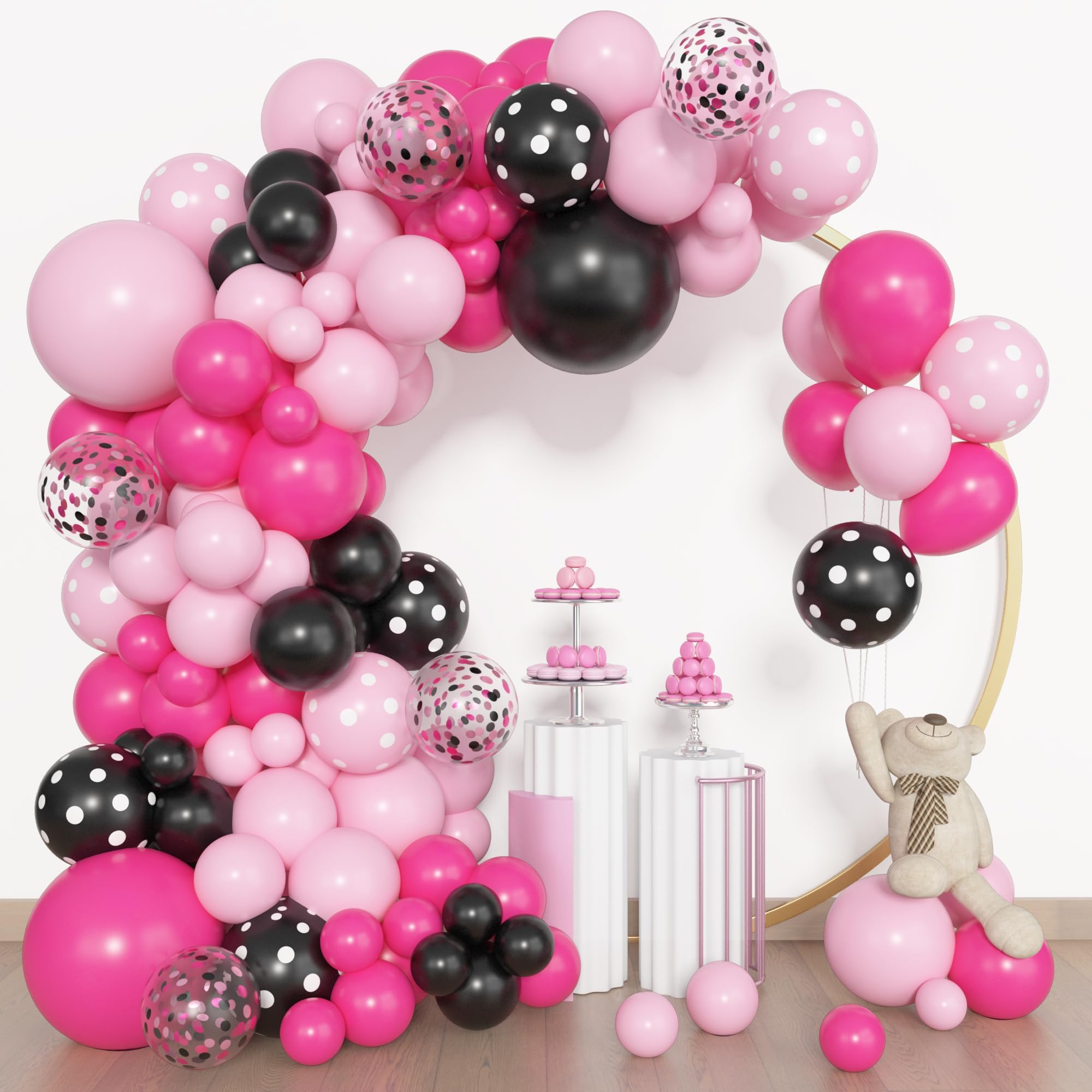 BlueCloudy 153pcs Pink Black Balloon Garland Arch Kit, Different Sizes 18 12 10 5 inch Pink Black Latex Dot Confetti Balloons for Wedding Birthday Party Decorations