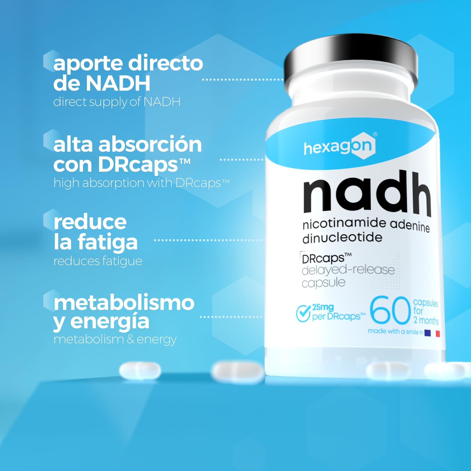 NADH 25mg - +2 Meses de Cura - Liberación Retardada Con DRcaps™ - Energía Celular y Metabolismo - Mejor Biodisponibilidad - Fabricado en Francia - 60 Cápsulas Vegetales - Vegano - Hexagon
