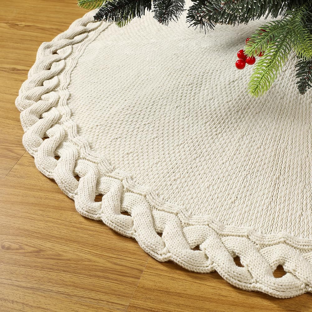 Sattiyrch Knit Christmas Tree Skirt – Classic Cable Knit Tree Base Wrap with Tie Closure – Cozy Holiday Décor for 7–9 ft Christmas Tree (Beige,48in) Beige 48"