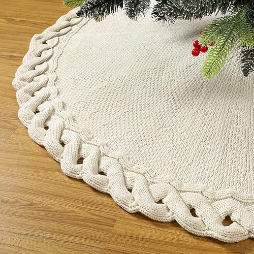 Miniatura 20 de Sattiyrch Faldón de punto para árbol de Navidad, decoración rústica gruesa para árbol de Navidad (crema, 36 pulgadas)