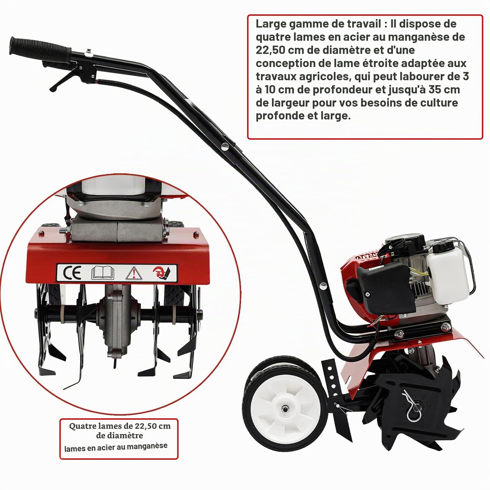Motoculteur à essence 52CC 2 temps avec 4 lames en acier, largeur de travail de 35 cm, roues réglables en hauteur pour creuser et enlever les mauvaises herbes