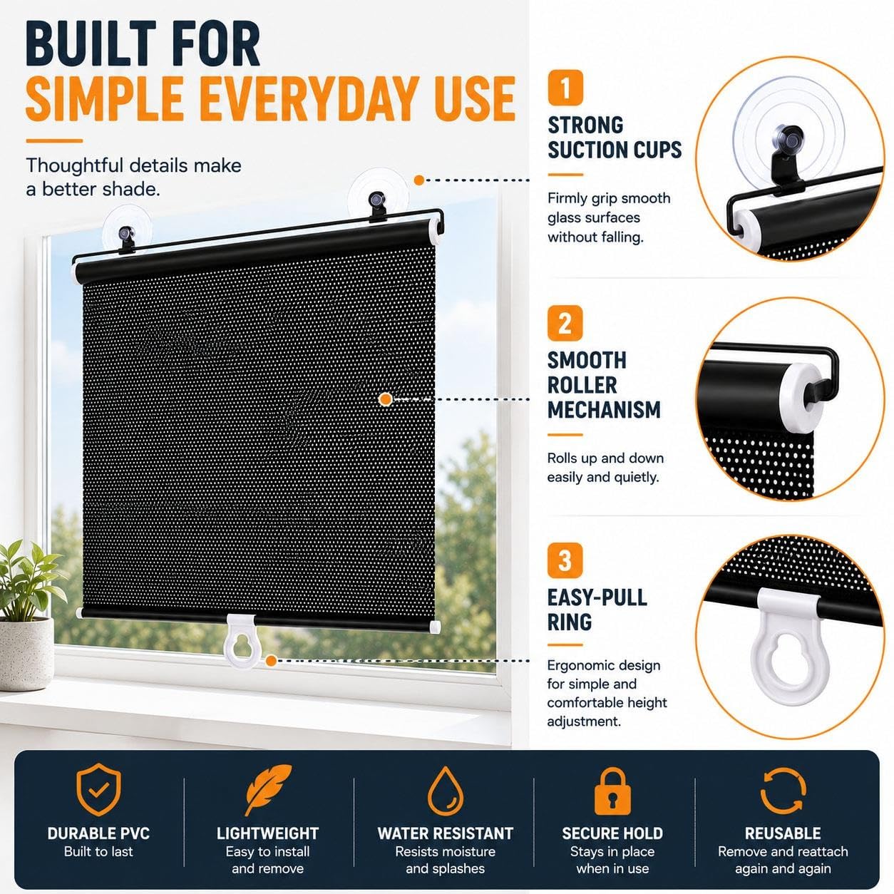 Store Enrouleur à Ventouses pour Fenêtre, sans Perçage, Pare-Soleil Rétractable, Protection UV Anti-Éblouissement et Intimité pour Chambre, Bureau, Véranda, Voiture(W 75 x 140 cm)