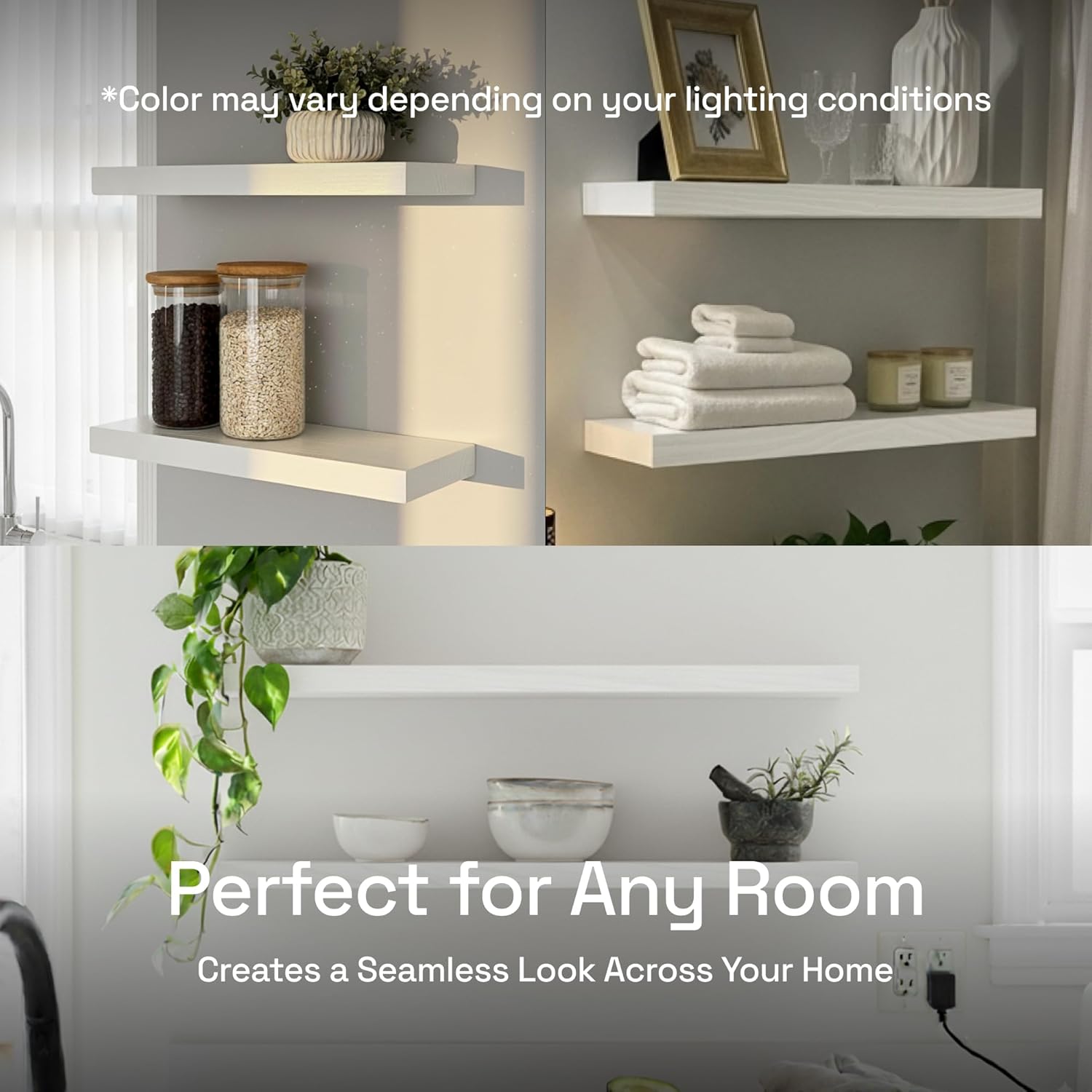 BAOBAB WORKSHOP Wood Floating Shelves for Bathroom Wall - White Shelves for Bedroom Kitchen Living Room - Solid Wood Shelves - White - 24 x 6.7 Inch, Set of 2