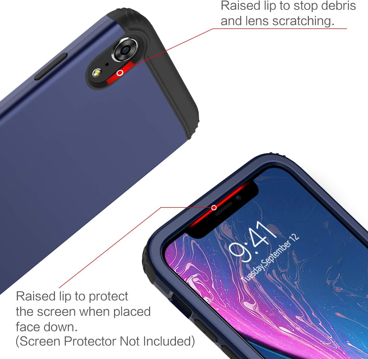 BENTOBEN Case for iPhone XR 6.1" 2018, 3 Layer Full Body Protective Flexible Soft TPU Hard PC Shock Proof Impact Resistant Dust Proof Sturdy Non Slip Men Covers for Apple iPhone XR 6.1 Inch, Navy Blue
