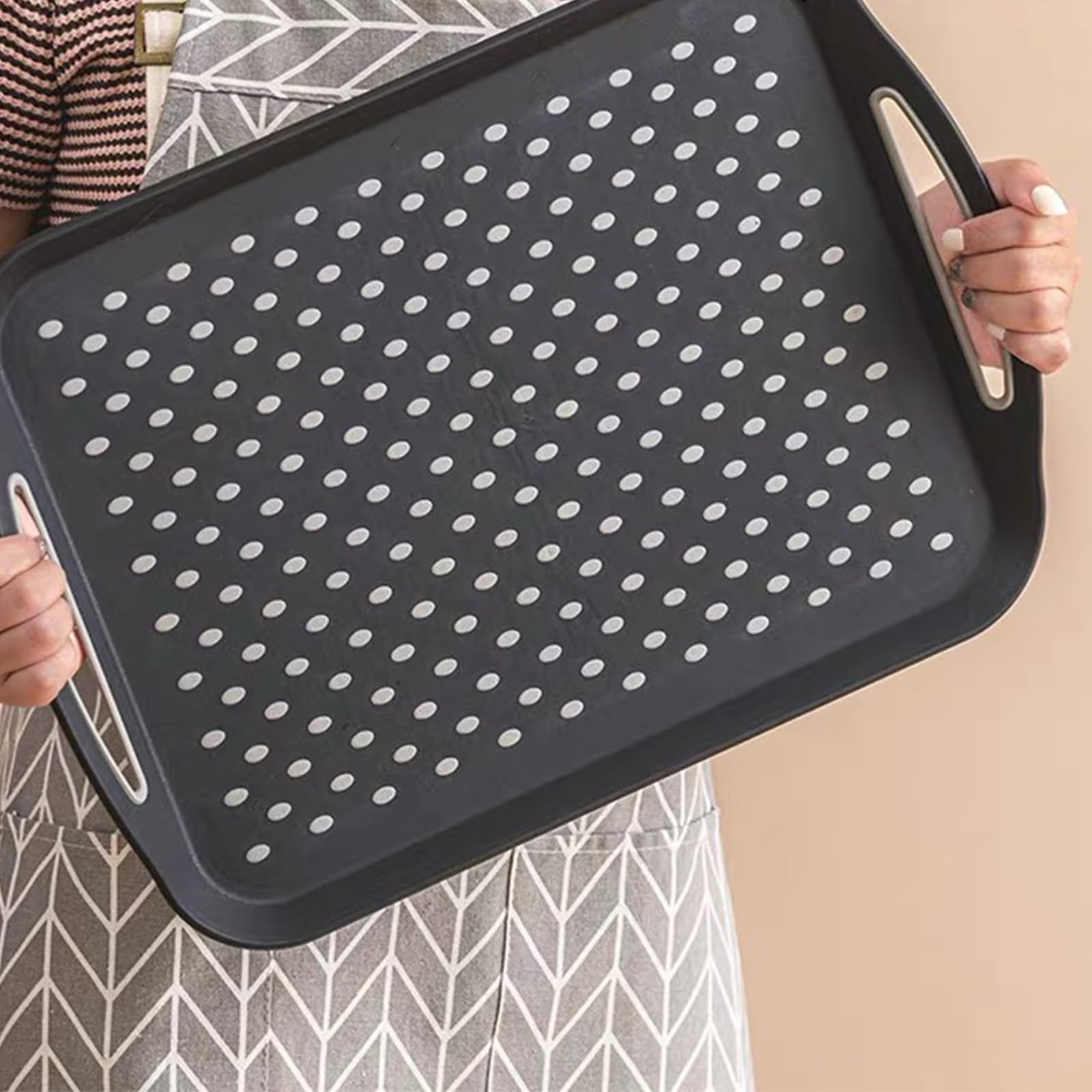 Bandejas rectangulares antideslizantes con asas, platos de plástico negro para alimentos, bebidas, té, 42 x 29 cm, vajilla duradera y elegante