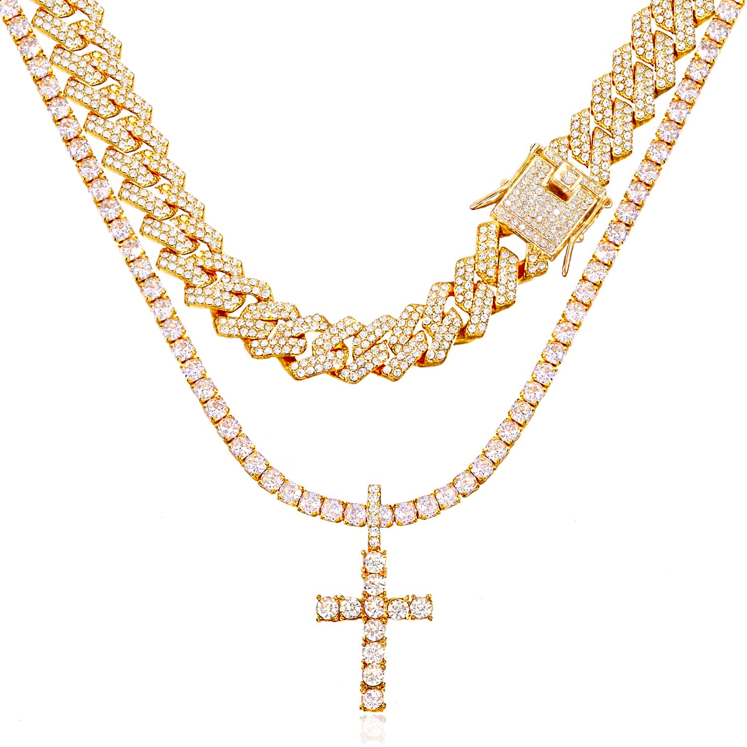 DLSIXNCO Cuban Link Chain - Iced Miami Cross Pendant Diamond Chain for Women & Men - Religious Jewelry