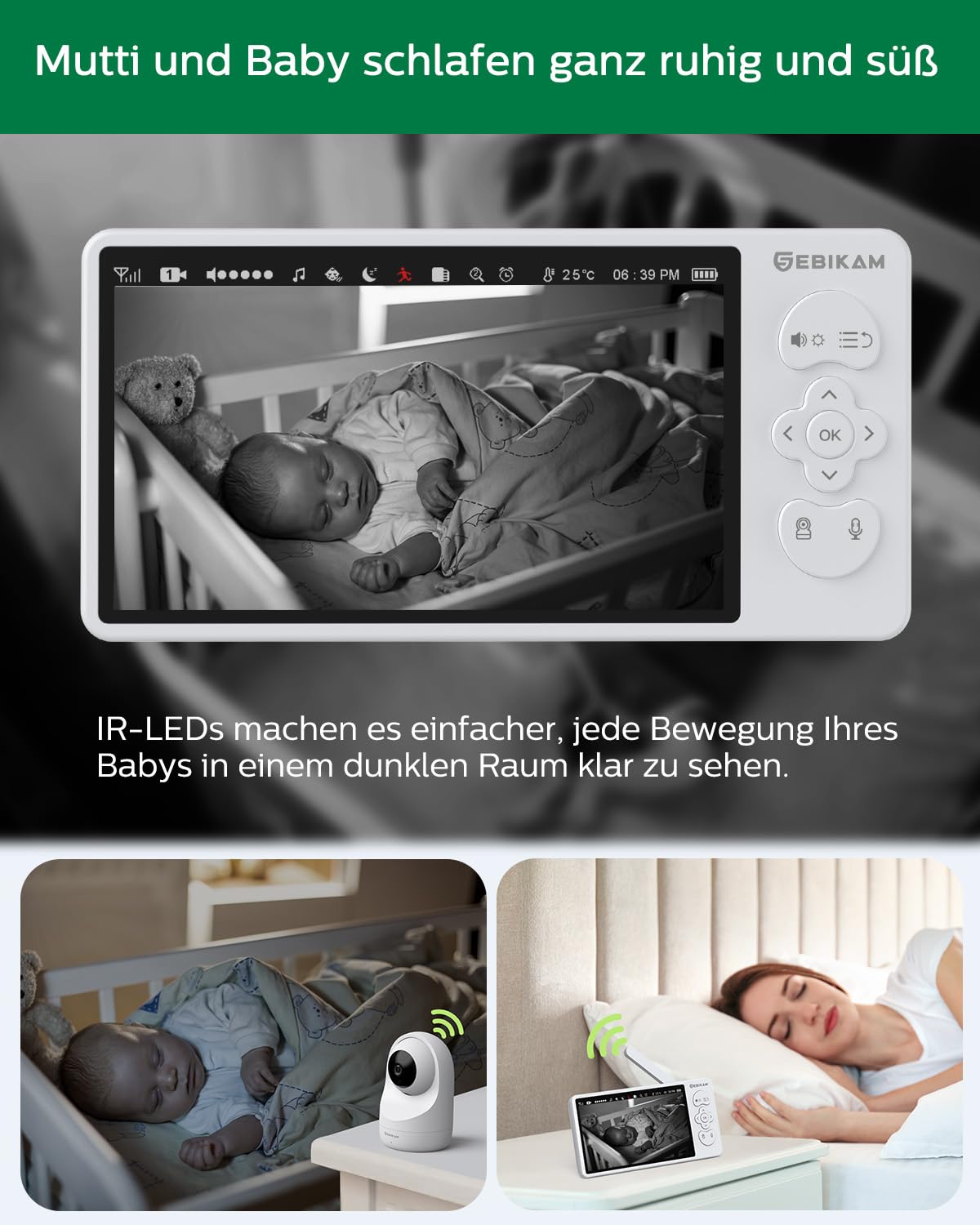 Niania Wideo/Monitor dla Niemowląt | HD 720P, 5,5 Cala Ekran | Bez Wi-Fi/APP | 4000 mAh, PTZ 355°, VOX, Noktowizor, 2-Kierunkowe Audio