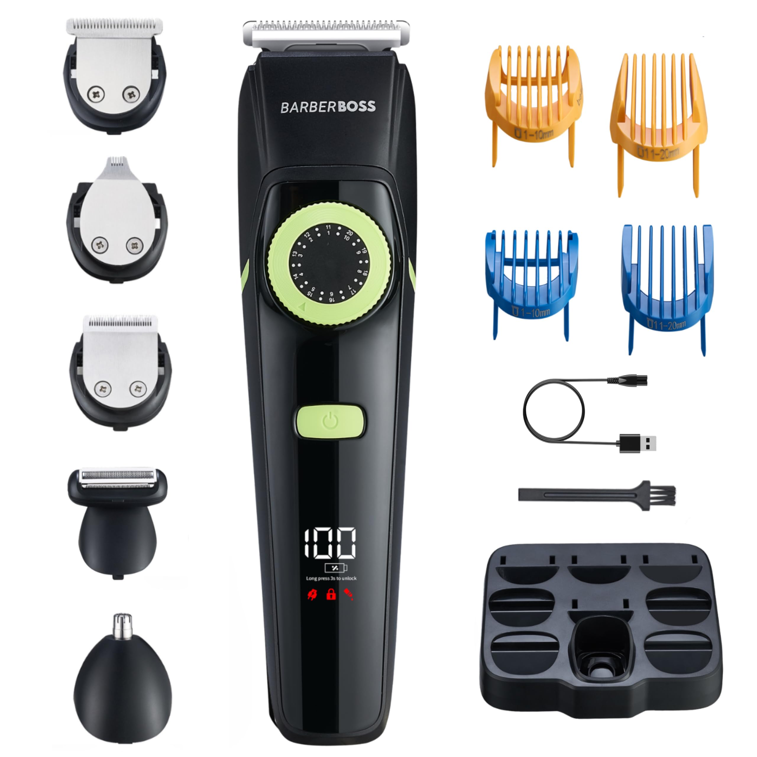 BarberBoss Men's Grooming Kit – Beard Trimmer Men, Hair Clippers Men, Nose Trimmer, Detail Trimmer, Waterproof, Rechargeable Grooming Set