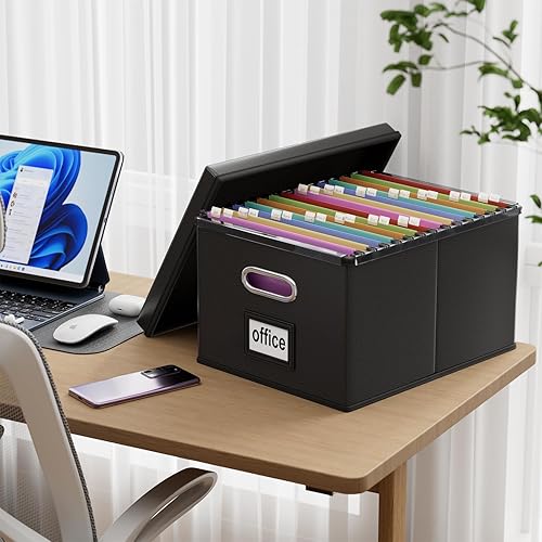 Miniatura 3 de Huolewa Cajas organizadoras de archivos de cuero portátiles con tapas, cajas de almacenamiento plegables de lino con tobogán de plástico, cajas