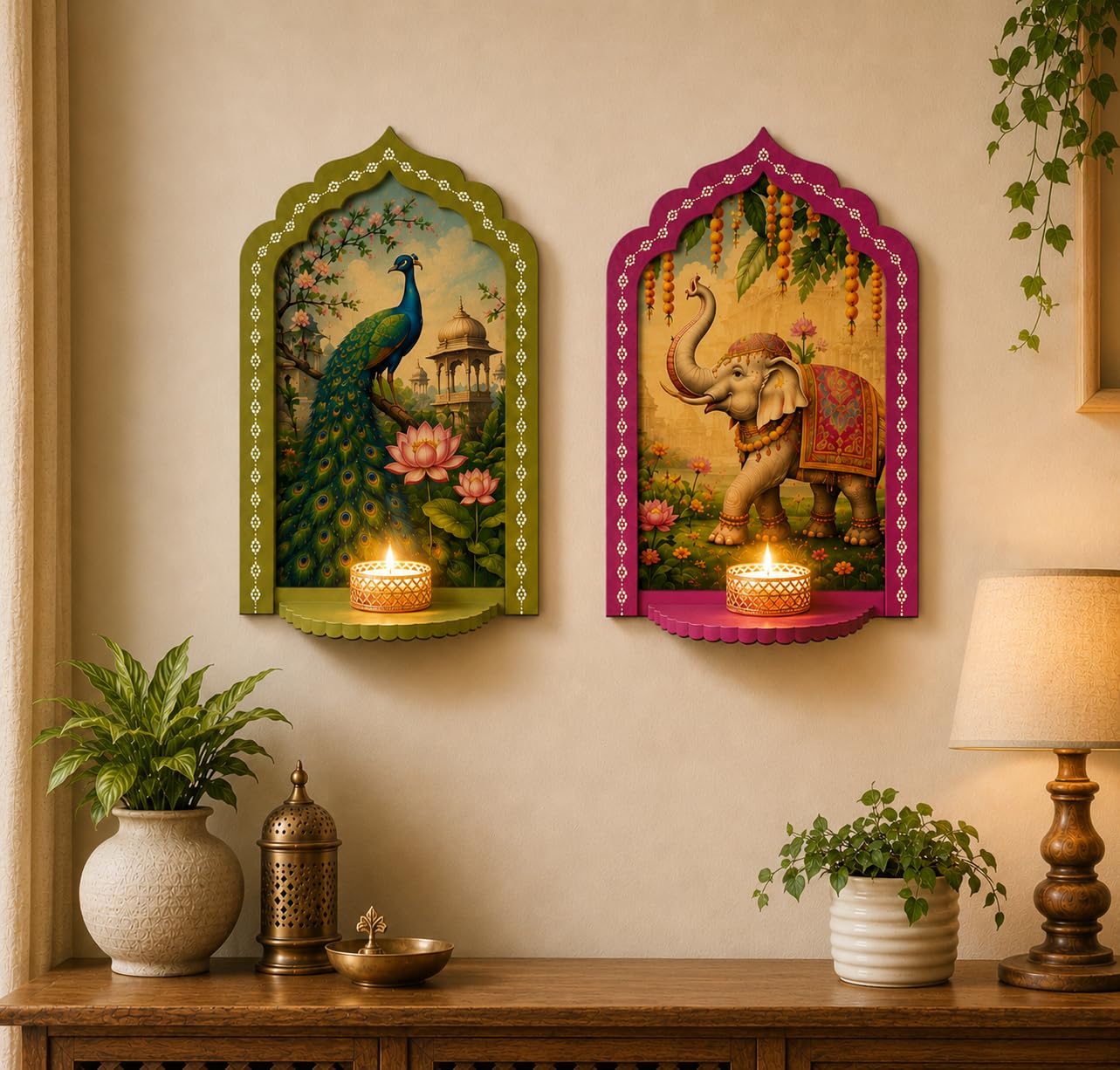 Wooden Jharokha Wall Shelf & Tealight Holder – Decorative Floating Shelves for Pooja Room, Diya Stand, Hanging Wall Decor, Diwali Decoration for& Main Door Entrance (Set of 5)-image-27