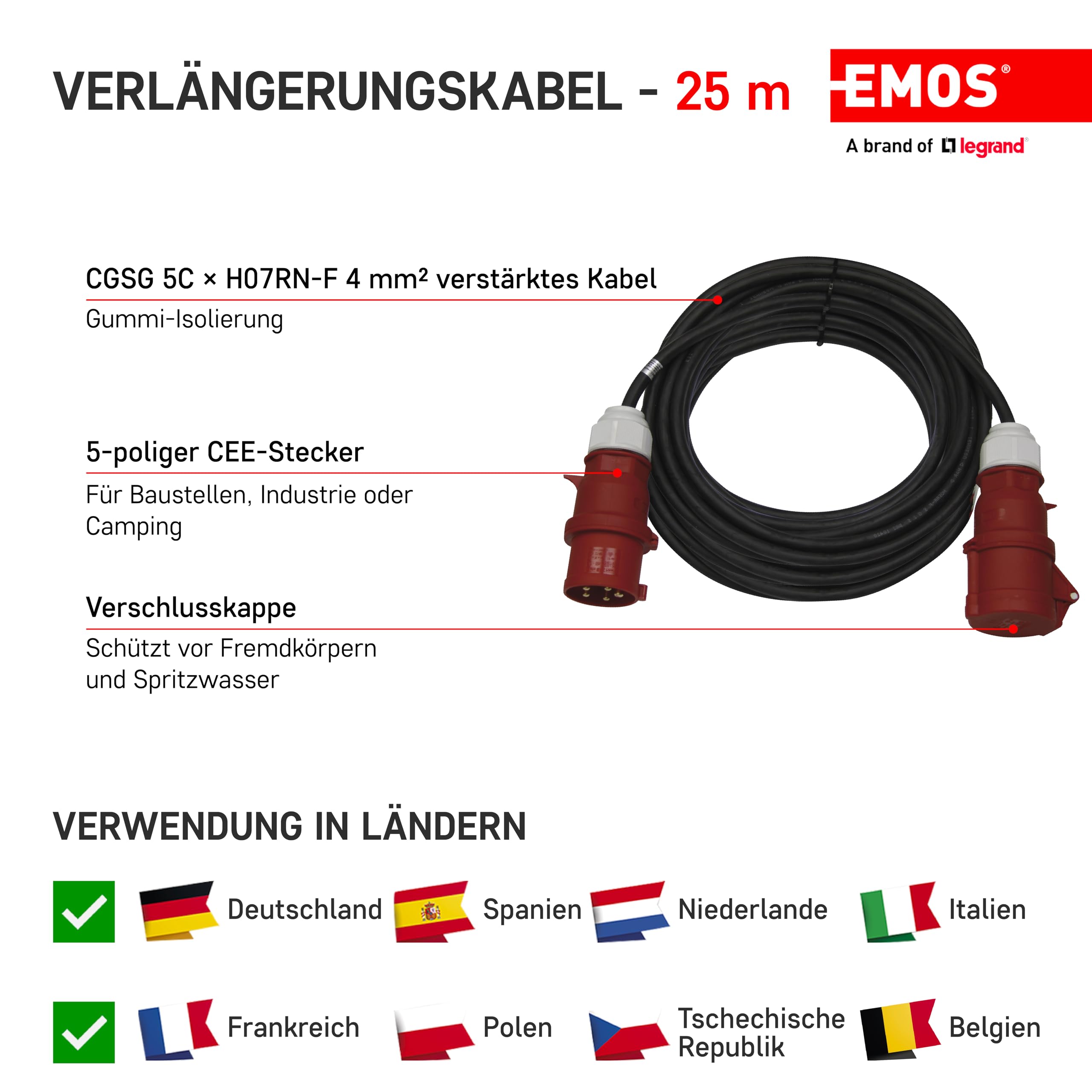 EMOS - Przedłużacz CEE IP44 25 m - wtyczka 5-biegunowa - wodoszczelny, odporny na temperaturę - 400 V, 32 A, 22000 W - izolacja gumowa - CGSG 5C x H07RN-F 4 mm2 - do użytku na zewnątrz i na kemping -