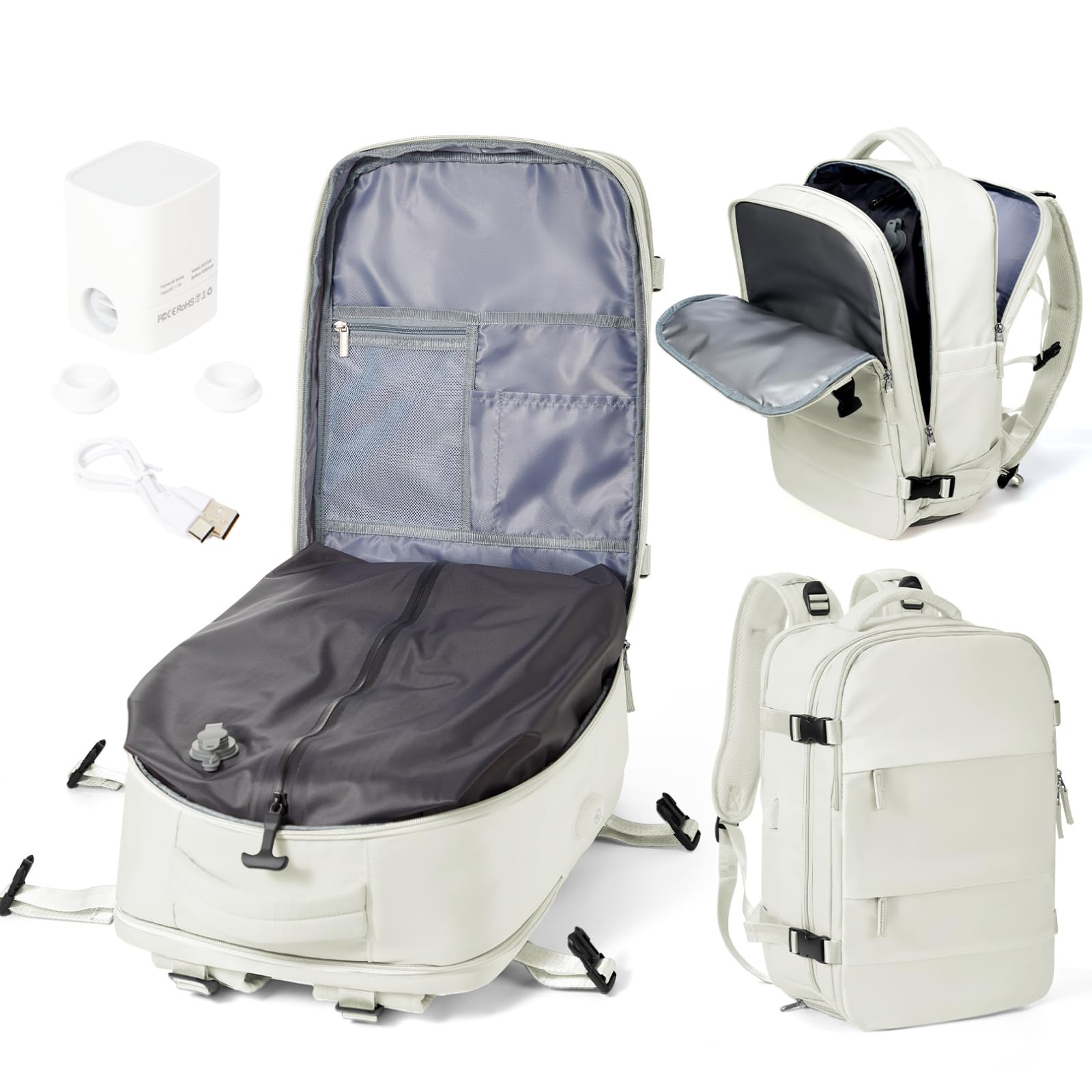 Mochila de Viaje al Vacío con Bomba, Impermeable Mochila de Compresión al vacío, Mochila Viaje Cabina 40x30x20 Ryanair con Sistema de Compresión Hombre y Mujer Beis