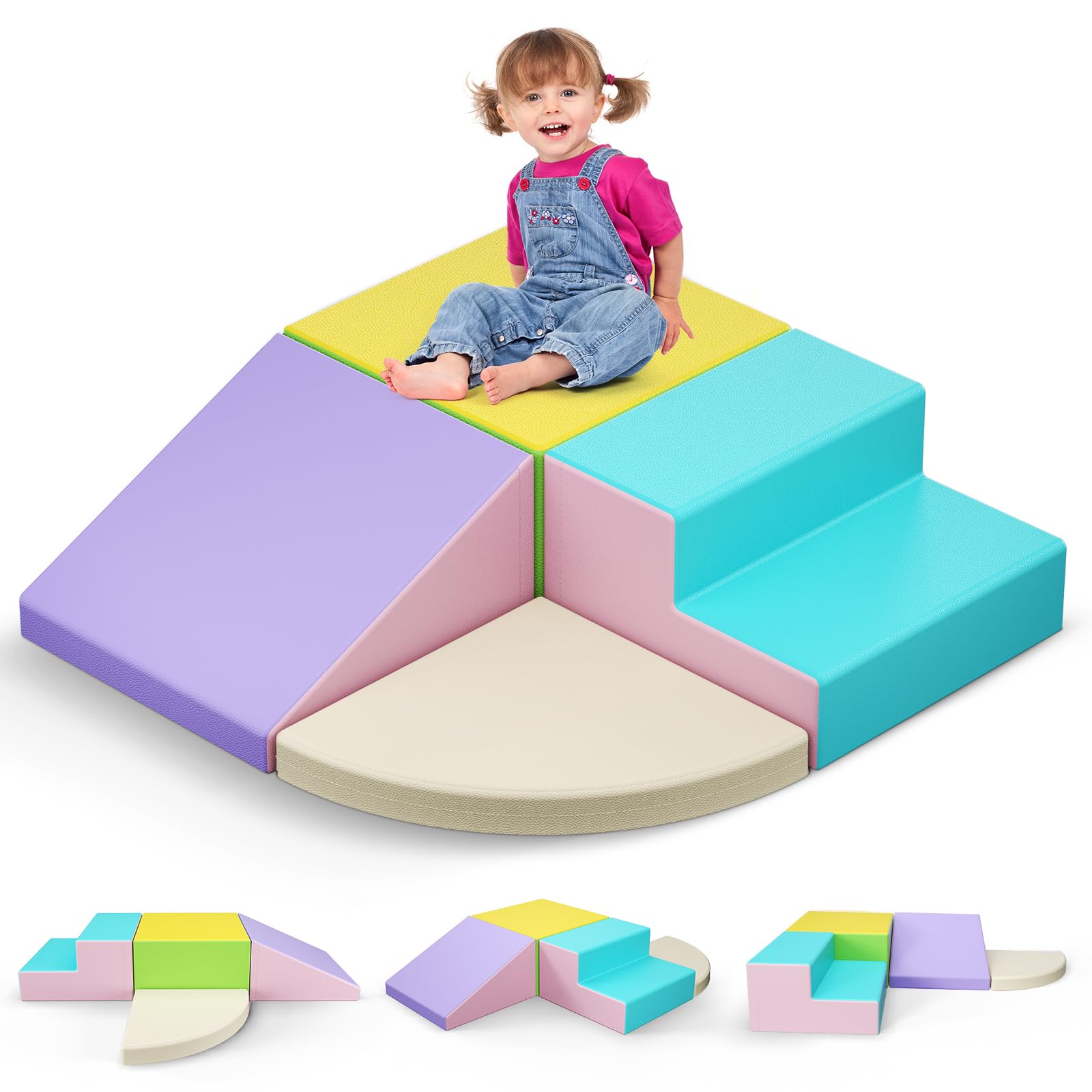Mechprip 4 PCS Foam Climbing Blocks, Crawling Obstacle Course with Stairs & Ramp, Soft Toddler Building Toys, Anti-Slip Waterproof PU Cover, Safe Indoor Playset Gift for Kids 1-3 Years, Macaron Colour