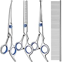Saccison 4-in-1 Professional Dog & Cat Grooming Scissors Kit - Safe Round Tip Straight, Curved, Thinning Shears + Comb, Sharp 6.5" Durable Titanium Steel