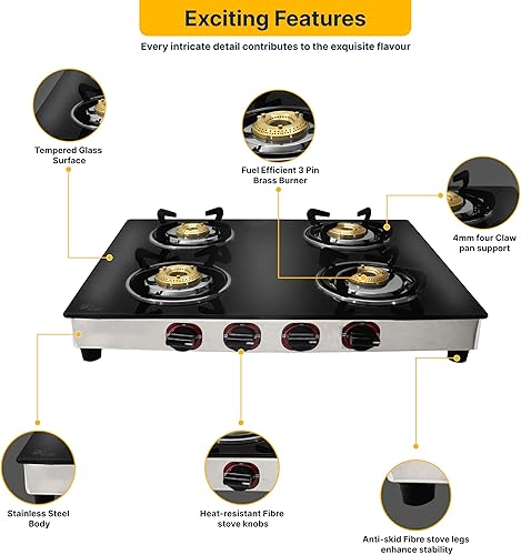 Miniatura 3 de 24 inch Gas Cooktop - Tempered Glass Gas Stove with 4 Burner & Stainless Steel Lower Body - Counter top Gasstove for RV Propane Stove, Apartment, or