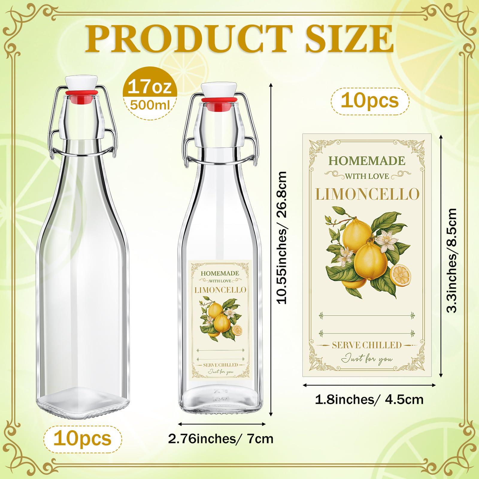 Havawish Bügelverschluss-Glasflaschen für Limoncello hausgemachte klare Bierflaschen mit luftdichtem Deckel, Etiketten zum Brauen von Limoncello, Getränke, Likör (quadratischer Stil), 10 Stück
