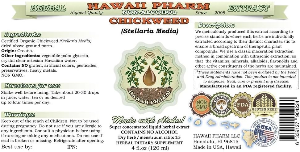 Hawaii Pharm Chickweed Alcohol-Free Liquid Extract, Chickweed (Stellaria Media) Dried Above-Ground Parts Glycerite Natural Herbal Supplement 2x2 oz