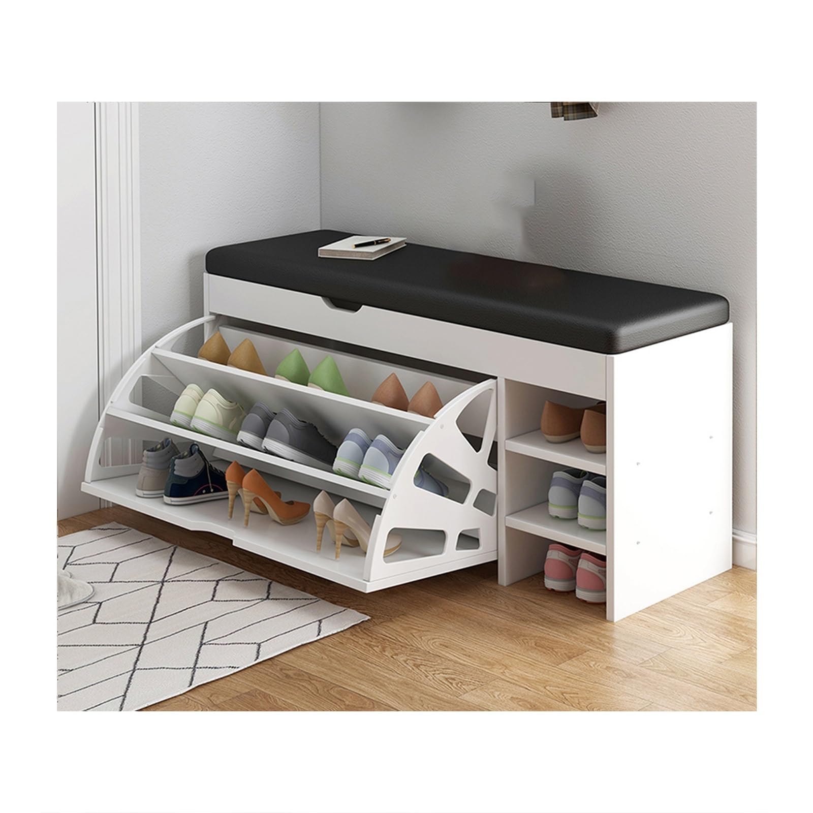 Banco de almacenamiento de zapatos con asiento acolchado, banco para zapatos con 1 cajón abatible, estantes ajustables, zapatero, organizador para pasillo, sala de estar, baño, garaje, dormitorio(Colo