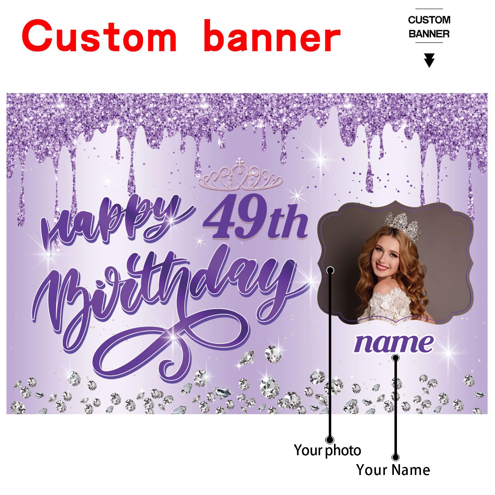 Dicodes Custom Purple 49th Birthday Banner for Women Queen Happy Birthday Backdrop Decoration Personalized with Name and Photo(49th)