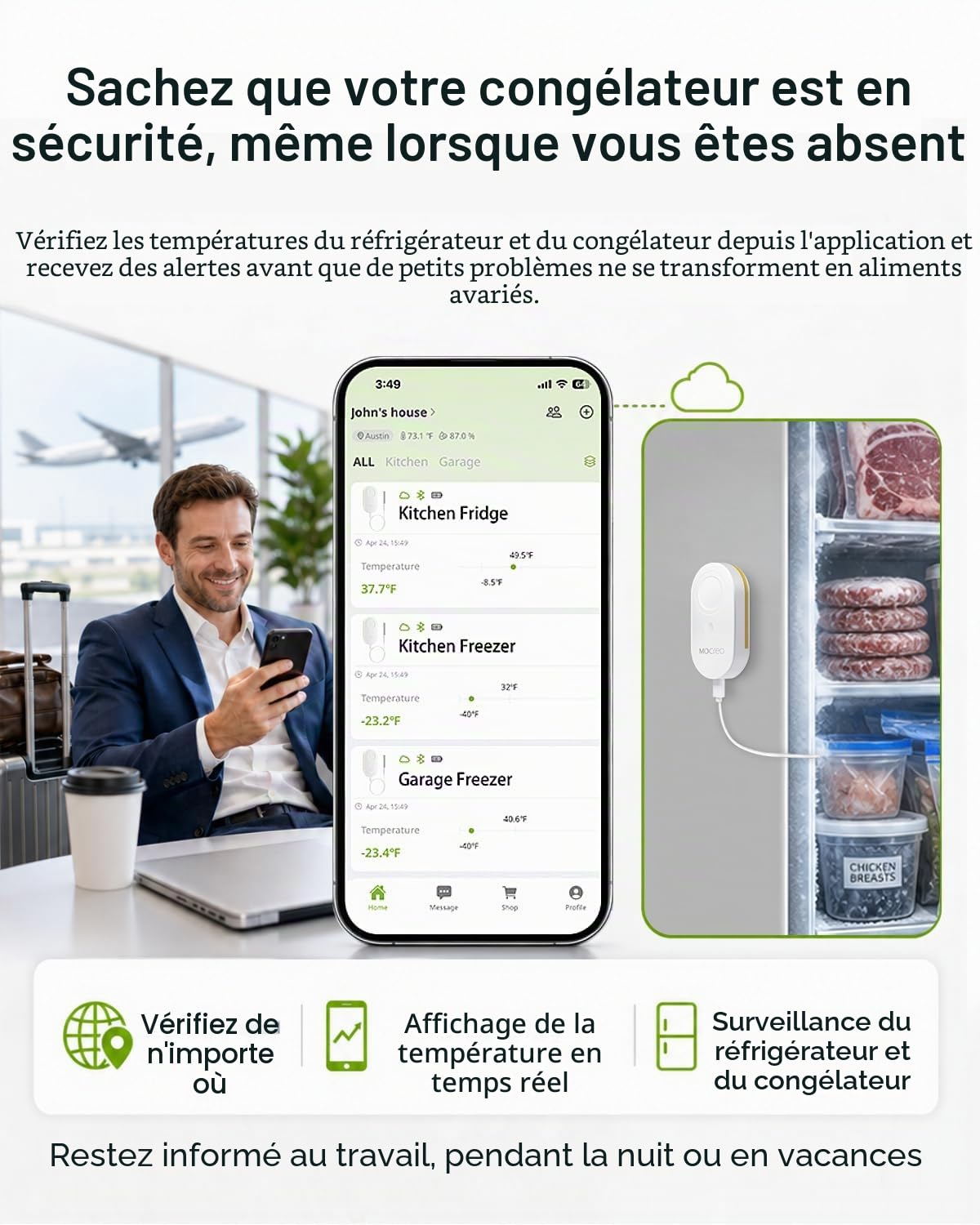 MOCREO Thermomètre WiFi pour réfrigérateur avec alarme de congélateur, alerte e-mail, notification d'application, enregistrement de données, exportation, sans frais d'abonnement, 2 capteurs de
