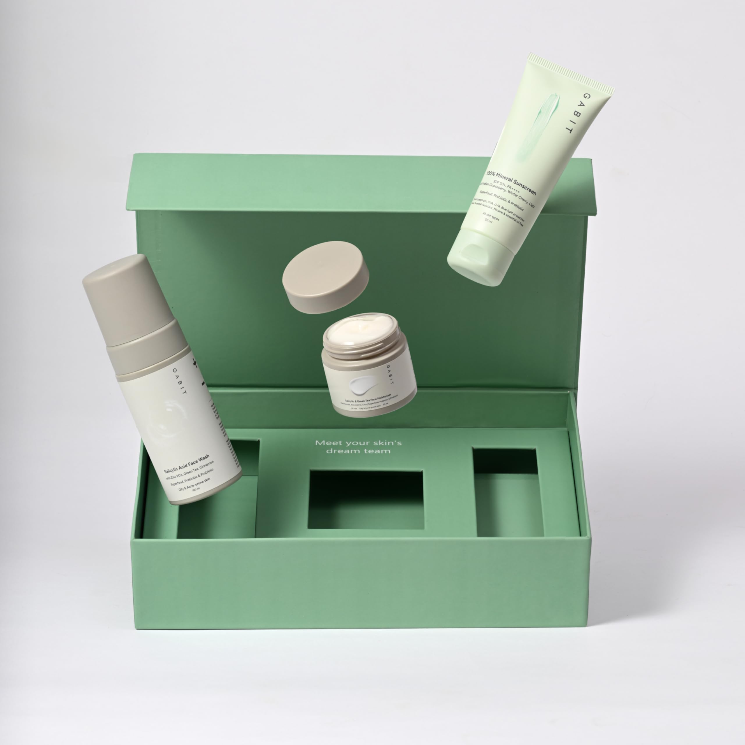 Gabit Three Muskeeters Giftbox for Oily and Acne Prone Skin| Contains Salicylic Acid Face Wash, Salicylic & Green Tea Moisturiser and Mineral Sunscreen | Salicylic (1%)