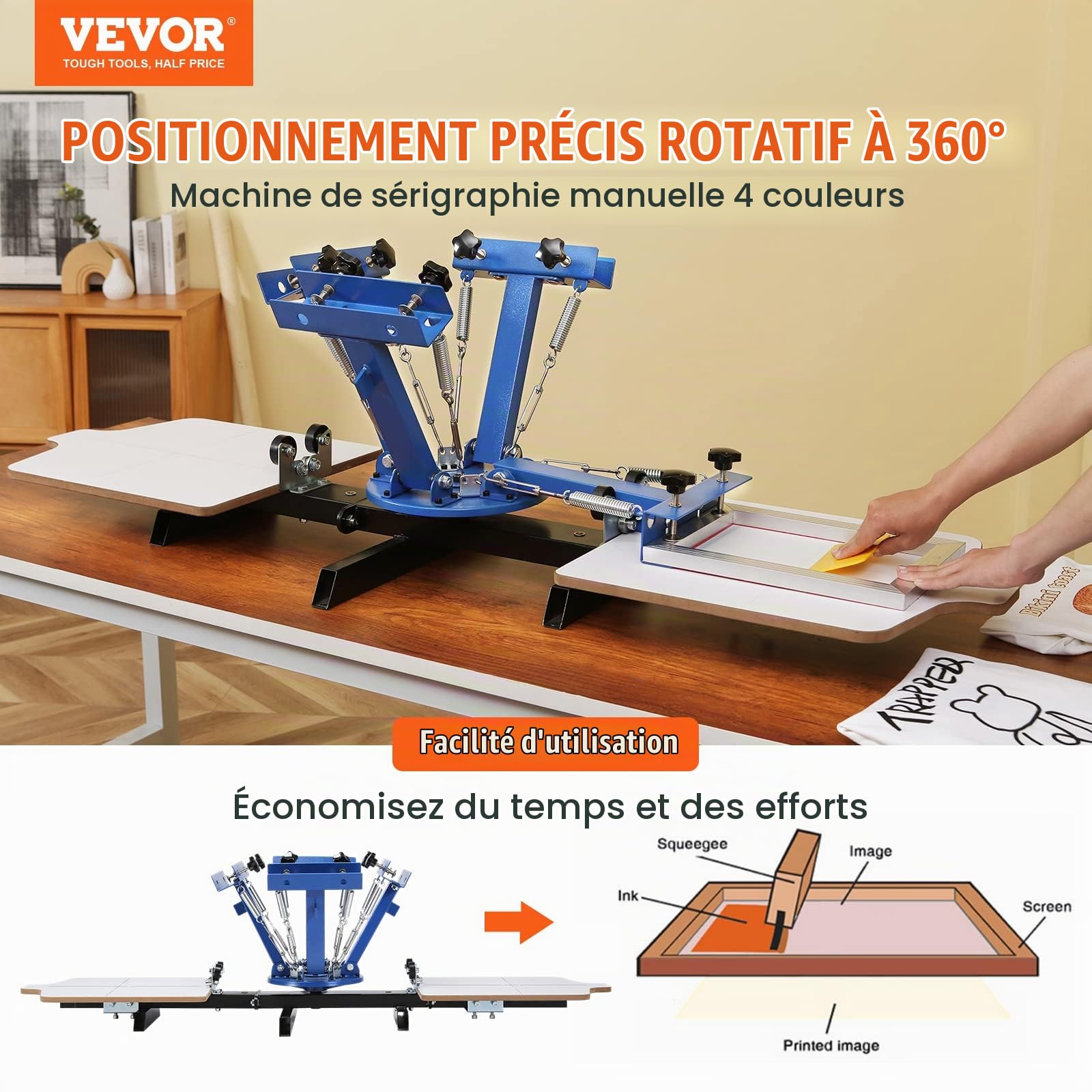 VEVOR Machine de Sérigraphie 4 Couleurs 2 Stations Presse à Sérigraphie Plateau 54 x 45 cm Machine d'Impression à Écran Rotative à 360° pour Impression à Plat T-shirt Vêtements Bois Plastique Papier