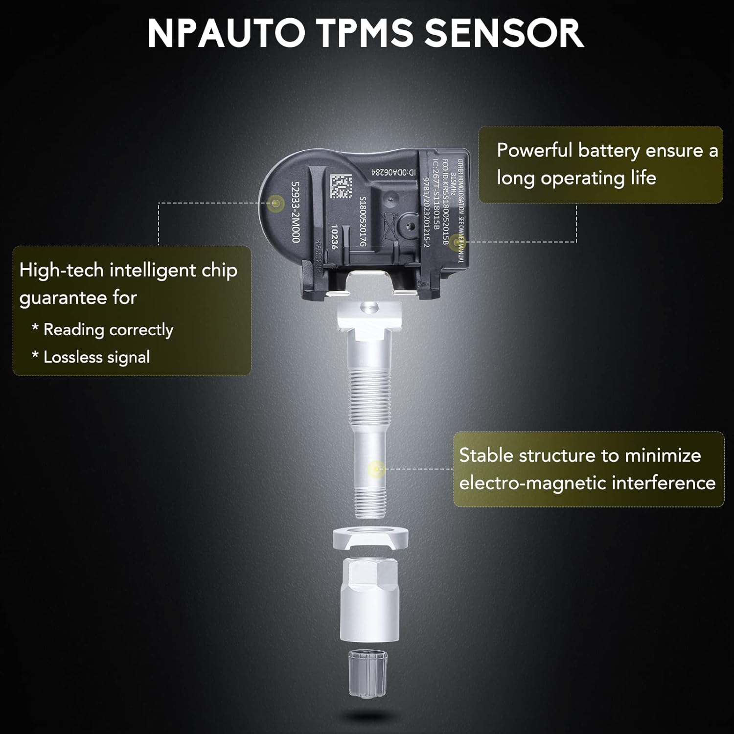 529332M000 TPMS Tire Pressure Sensor, Replacement Fits for Kia & Hyundai, Kia Soul Forte Optima Sorento Hyundai Accent Elantra GT Touring Sonata Tire Pressure Monitoring Sensors, 315MHZ, 4-Pack