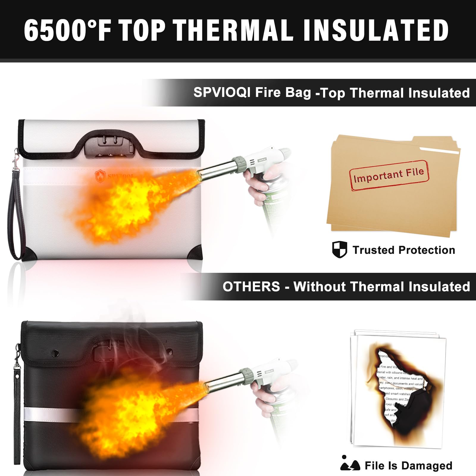 Feuerfeste Dokumententasche mit Schloss, feuerfeste Geldtasche für Bargeld mit Reißverschluss/Reflektorstreifen, 10 Schichten wärmeisolierter Materialien, wasserabweisend, feuerfeste Tasche für