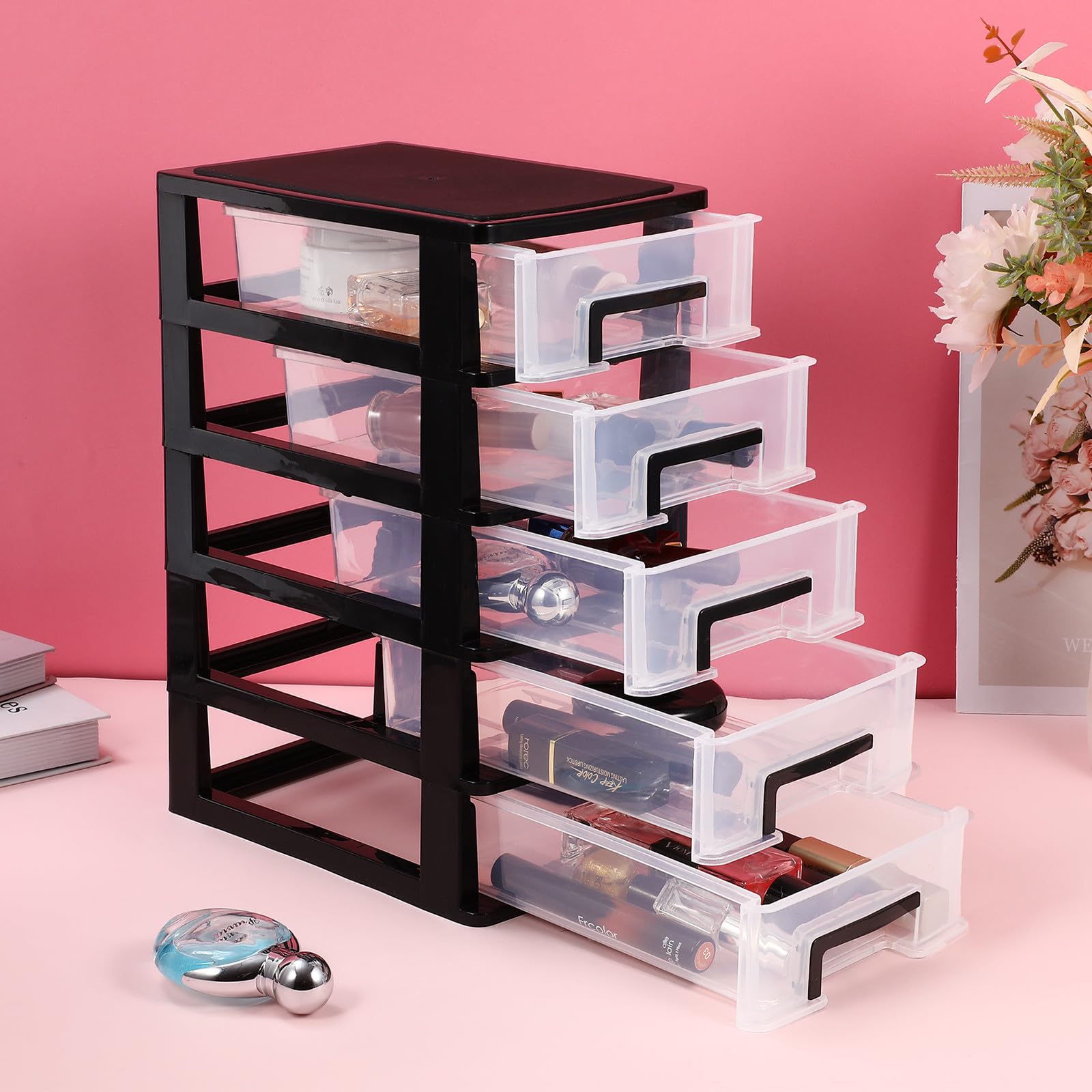 Organizador de Cajones de Plástico de 5 Niveles Pp Negro | Diseño Cajones, Formato Apilable para Oficina y Salón, Caja Rectangular de Almacenamiento y Clasificación