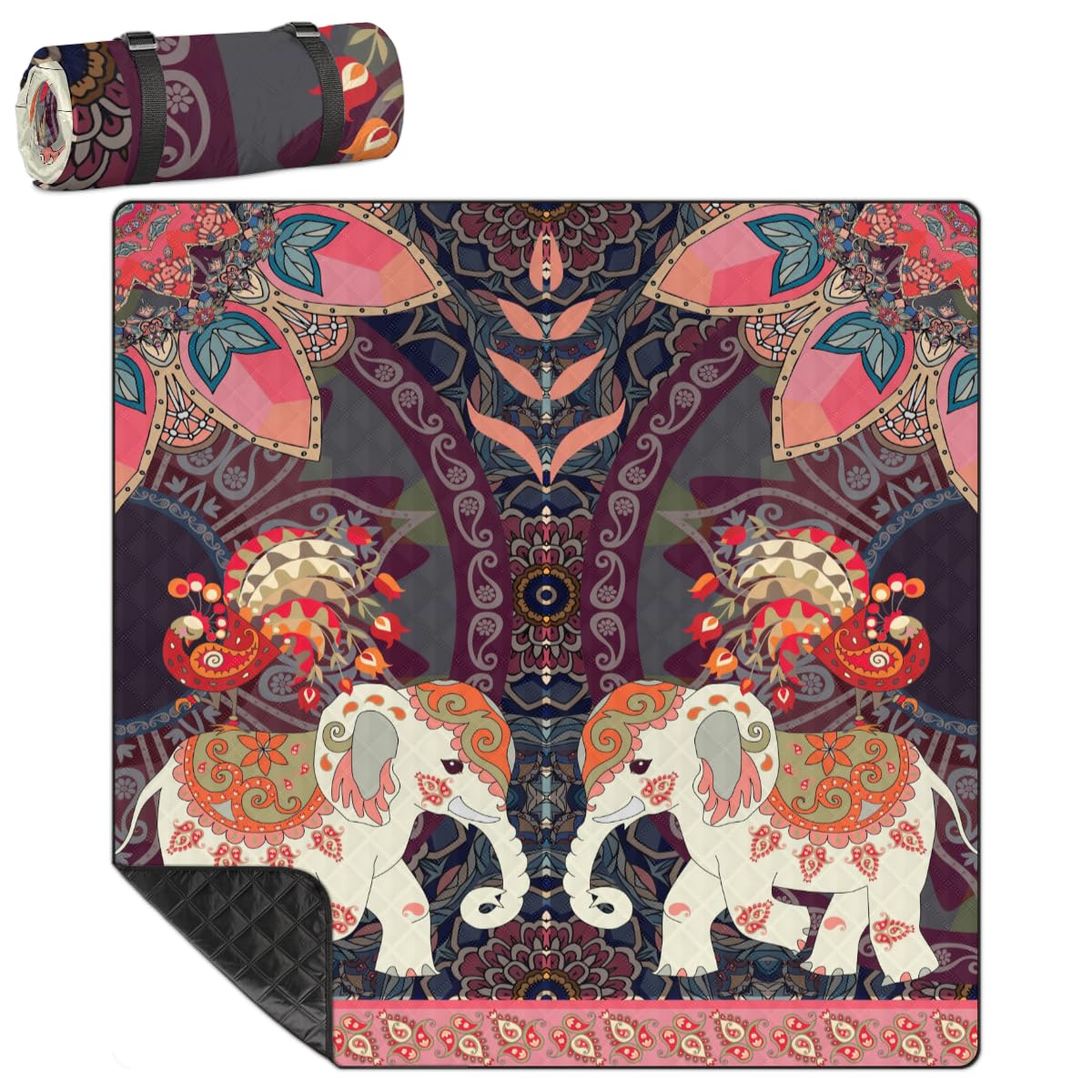 Shimoshe Extra Large Picnic Blankets 79”x 79”, Peacock Sun Mandala Elephant Waterproof Foldable Picnic Mat with Straps Portable Beach Blanket for Camping Park Grass Beach Indoor
