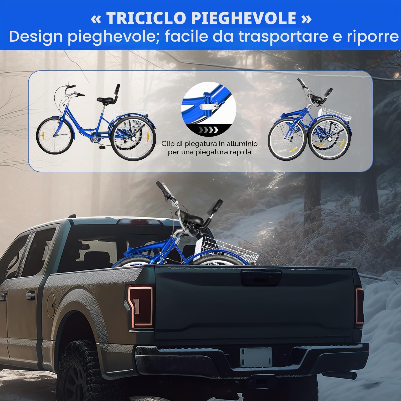 24 pollici, 7 marce, triciclo pieghevole, per adulti, 3 ruote, pieghevole, con cestino e schienale, regolabile in altezza per adulti, anziani e principianti, blu