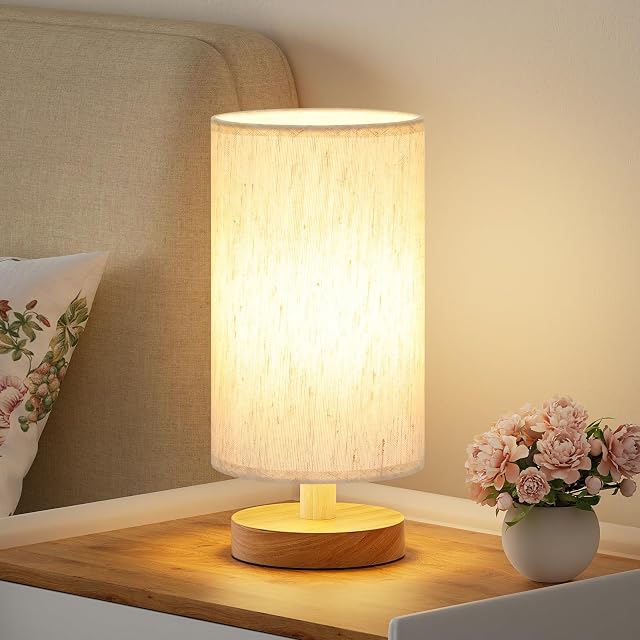 Fenmzee Petite lampe de table pour chambre - Contrôle en ligne, lampe de chevet avec 3000K A15 LED Blub, Assemblage facile (Cream Shade) - Base en bois, 9" Contrôle en ligne)
