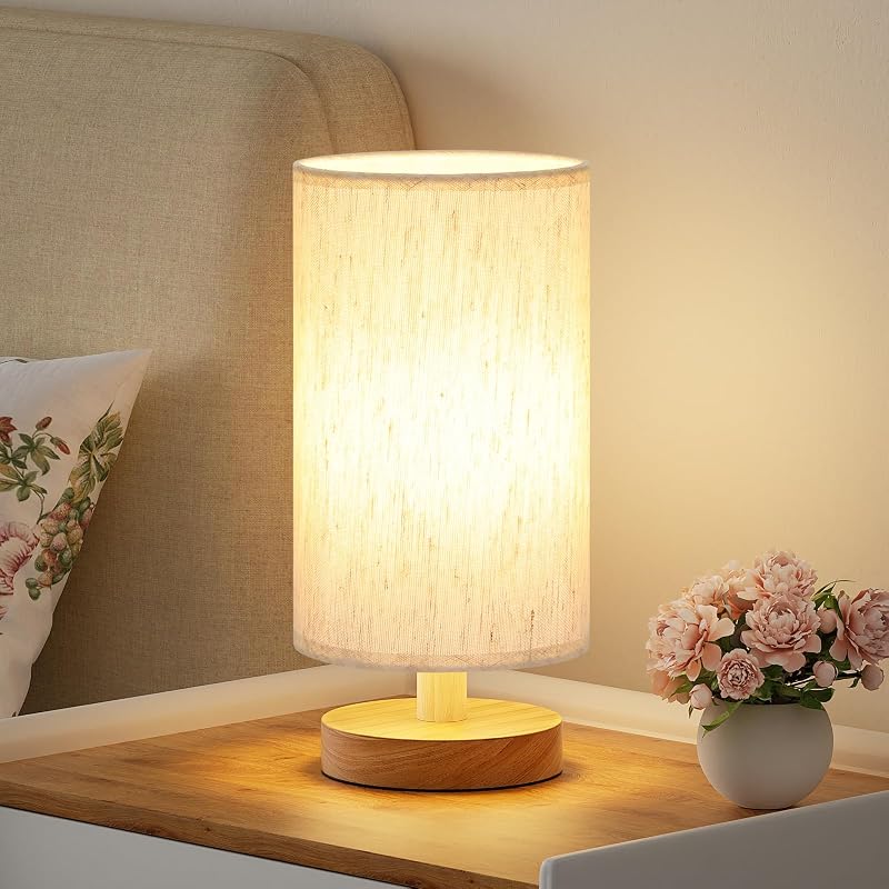 Fenmzee 9" Small Table Lamp for Bedroom - Inline Control with 3000K Blub | Cream Shade and Wood Base | 680 Lumens | Easy Assembly | Minimalist Design | E26 | for Kitchen | for Kids Room