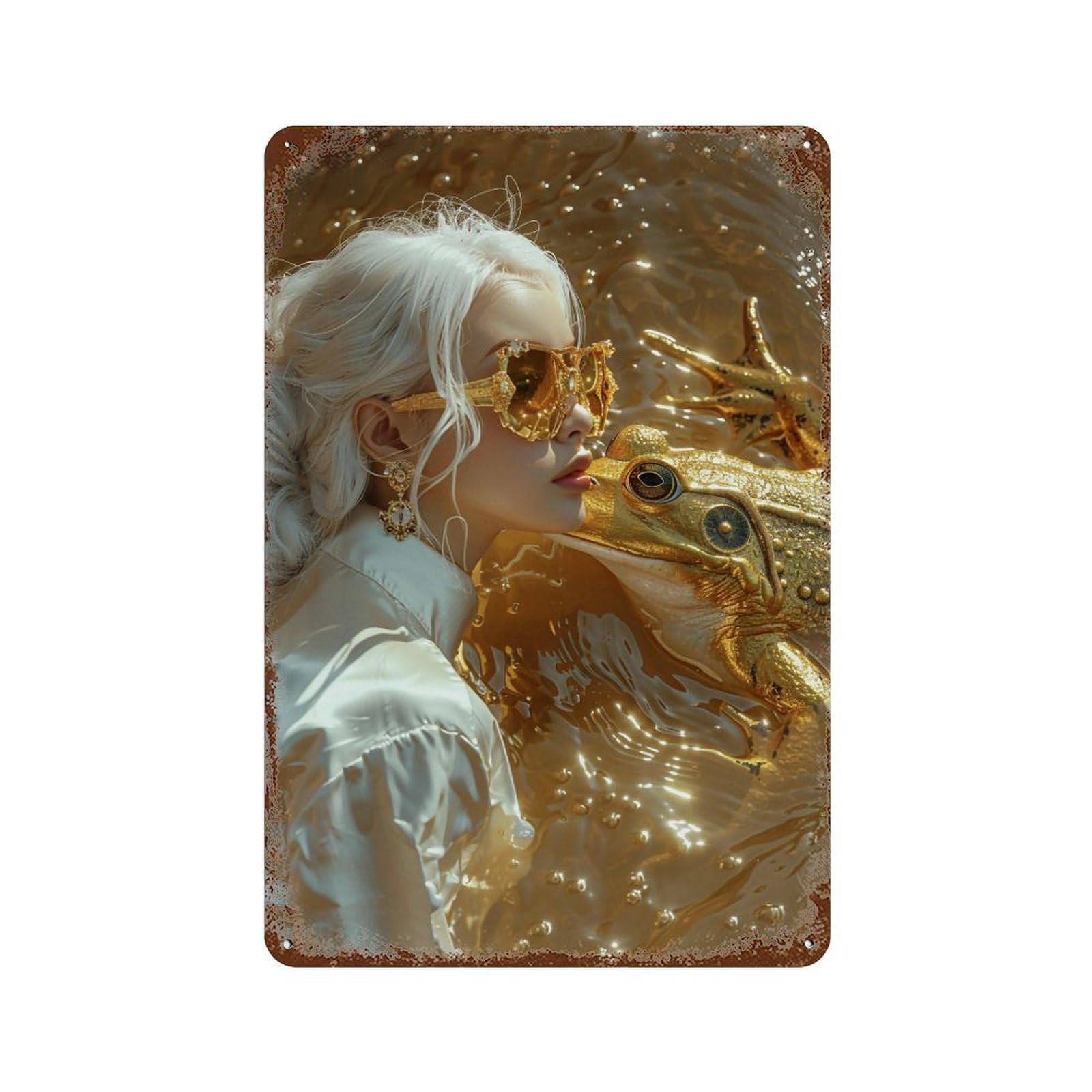 YHGERTKU Golden Frog And Girl Surreal 01 Wall Art Retro Iron Vintage Metal Tin Sign Poster Modern Decor for Living Rooms Gift 30x20cm